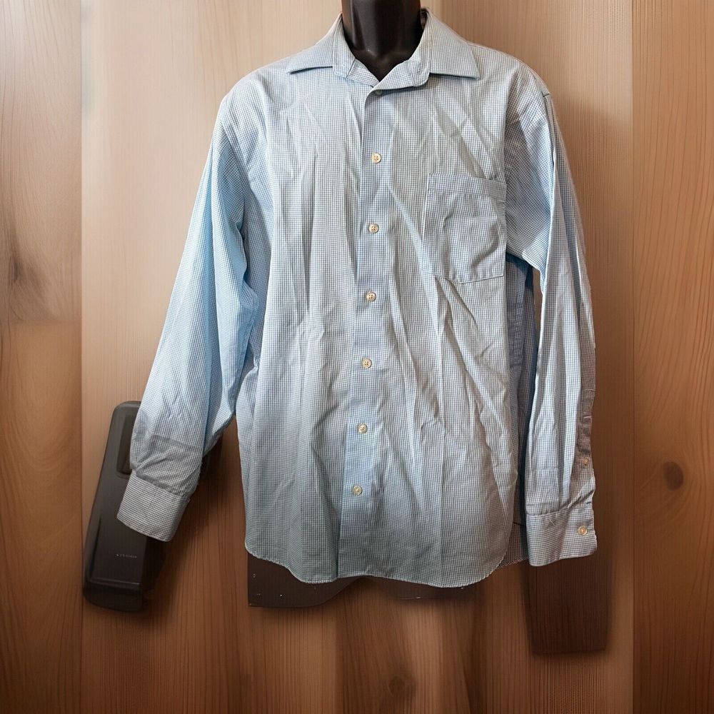 Kenneth Cole Reaction Reg Fit Blue Gingham Button Up Dress Shirt Large